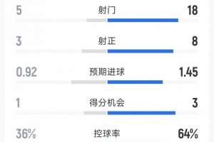 国米2-1热那亚全场数据：射门18-5，射正8-3，得分机会4-1