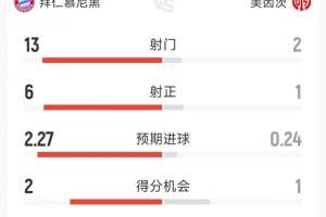 拜仁1-1美因茨半场数据：射门13-2，射正6-1，拜仁控球率87%