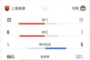 海港1-2河南数据：射门22-10，射正6-3，得分机会4-5，犯规14-10