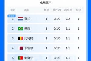 前8出线!小组第三排名:荷兰、巴西、比利时、葡萄牙、西班牙前8